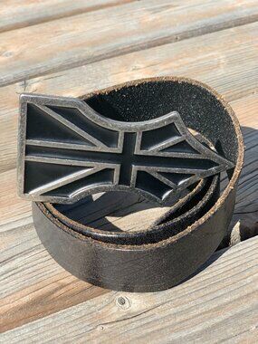 Vintage Y2K Guess Belt Black Distressed Leather Silver Buckle Union Jack Flag